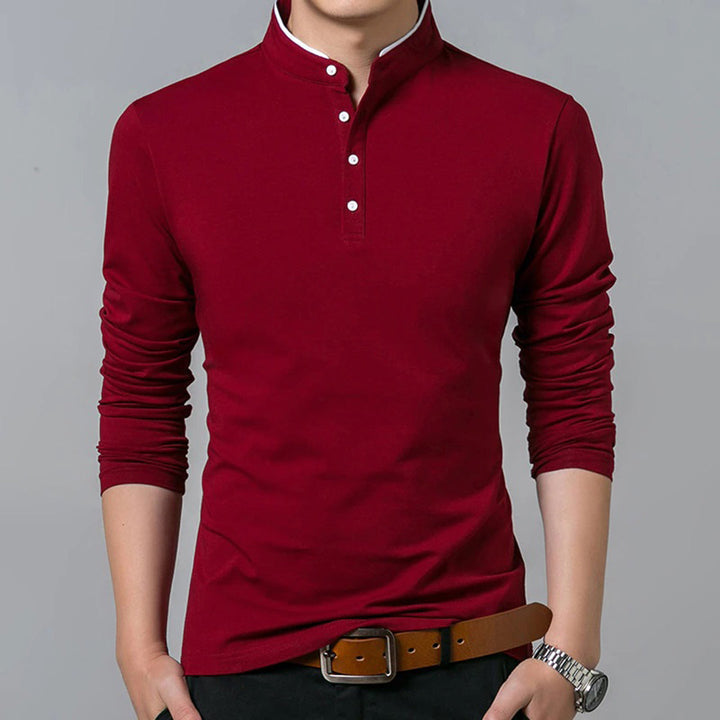 Close-up of a men's long sleeve polo shirt, showcasing its slim fit and elegant mandarin collar for a modern look.