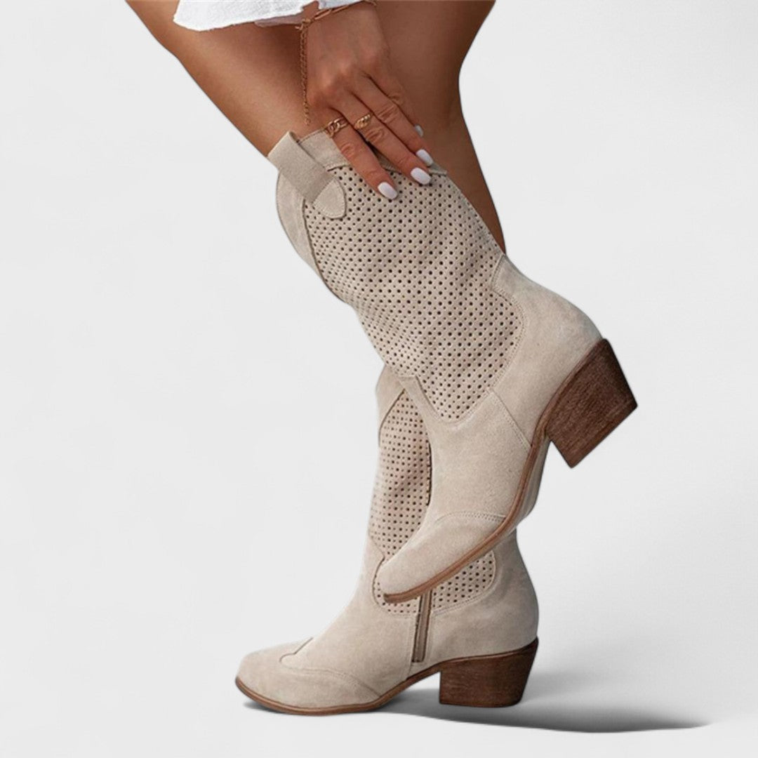 Fashionable women's western cowboy boots, featuring intricate stitching & comfortable fit. Versatile ankle design.