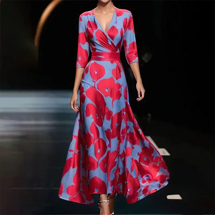 Flattering women's floral wrap maxi dress with vibrant print, offering a comfortable, stylish look for any event.