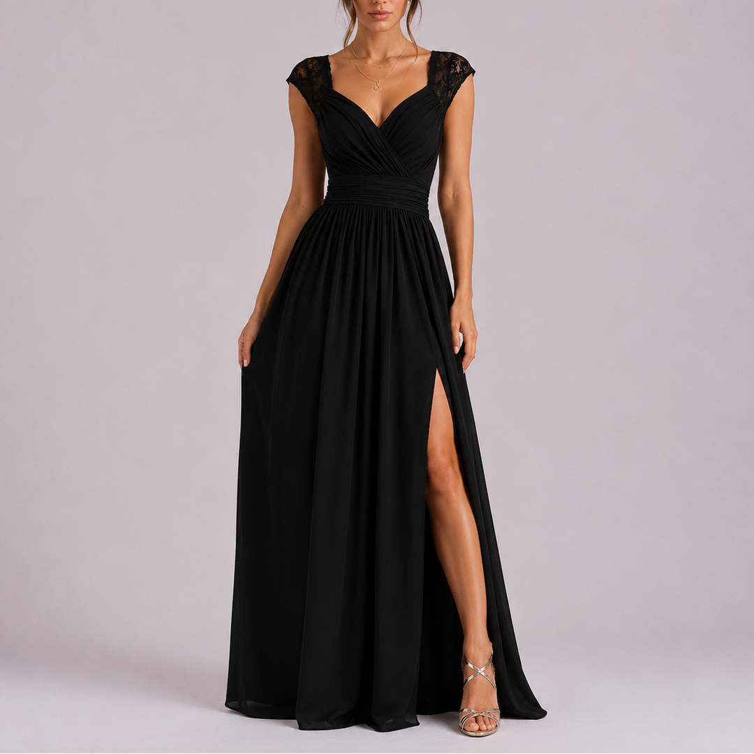 Chic women's formal wrap maxi dress, ideal for special occasions, featuring a stylish shoulder detail & slit.