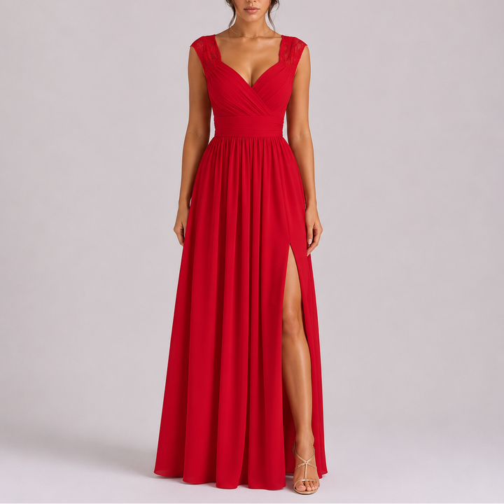 Elegant women's maxi dress with styled shoulder & side slit, perfect for evening wear & special occasions.