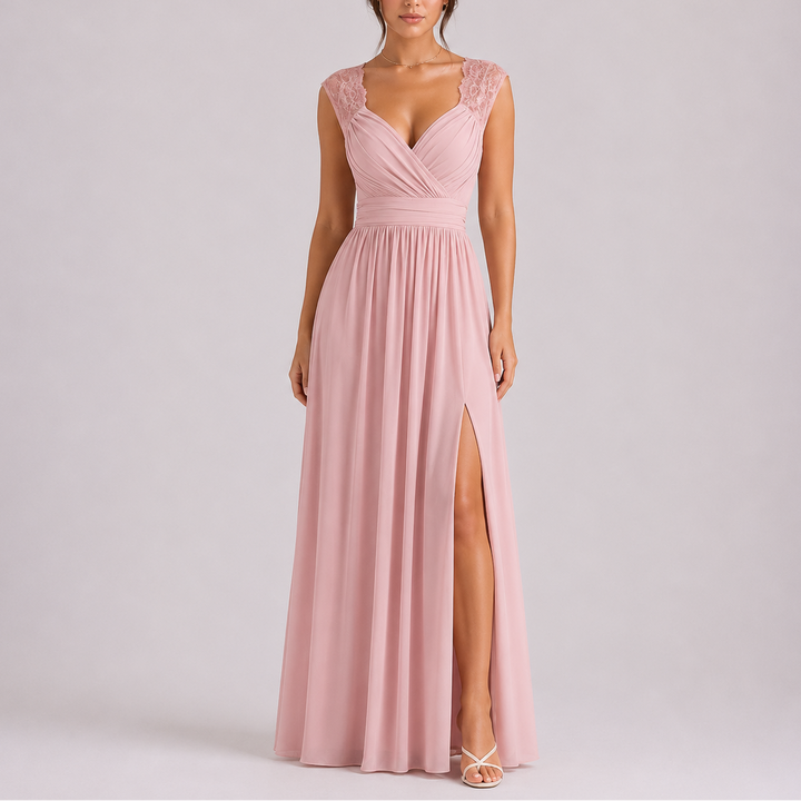 Stylish women's formal maxi dress featuring a chic styled shoulder design and a fashionable side slit.