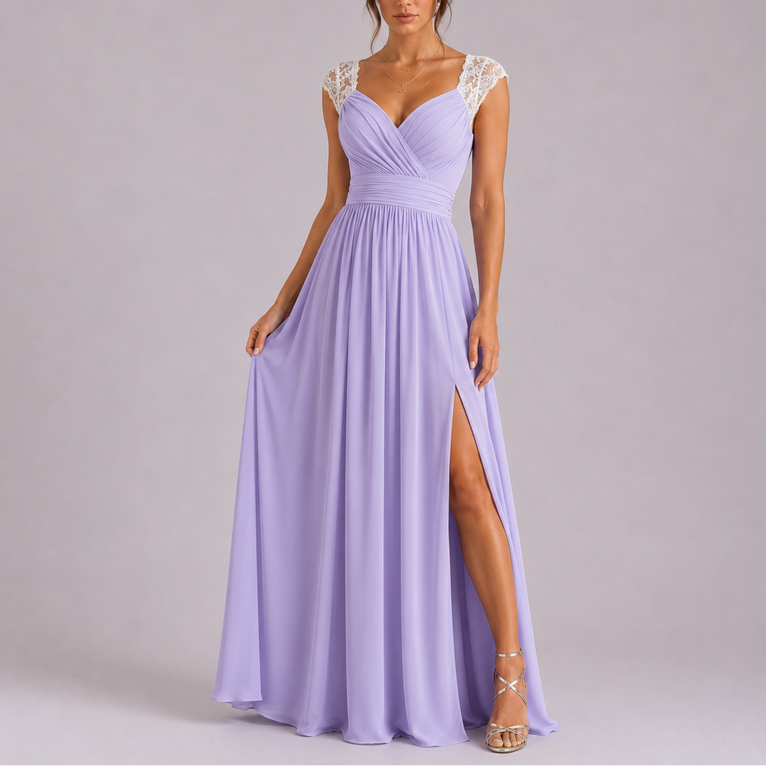 Beautiful women's party dress: an elegant maxi gown with a flattering wrap style and high side slit.