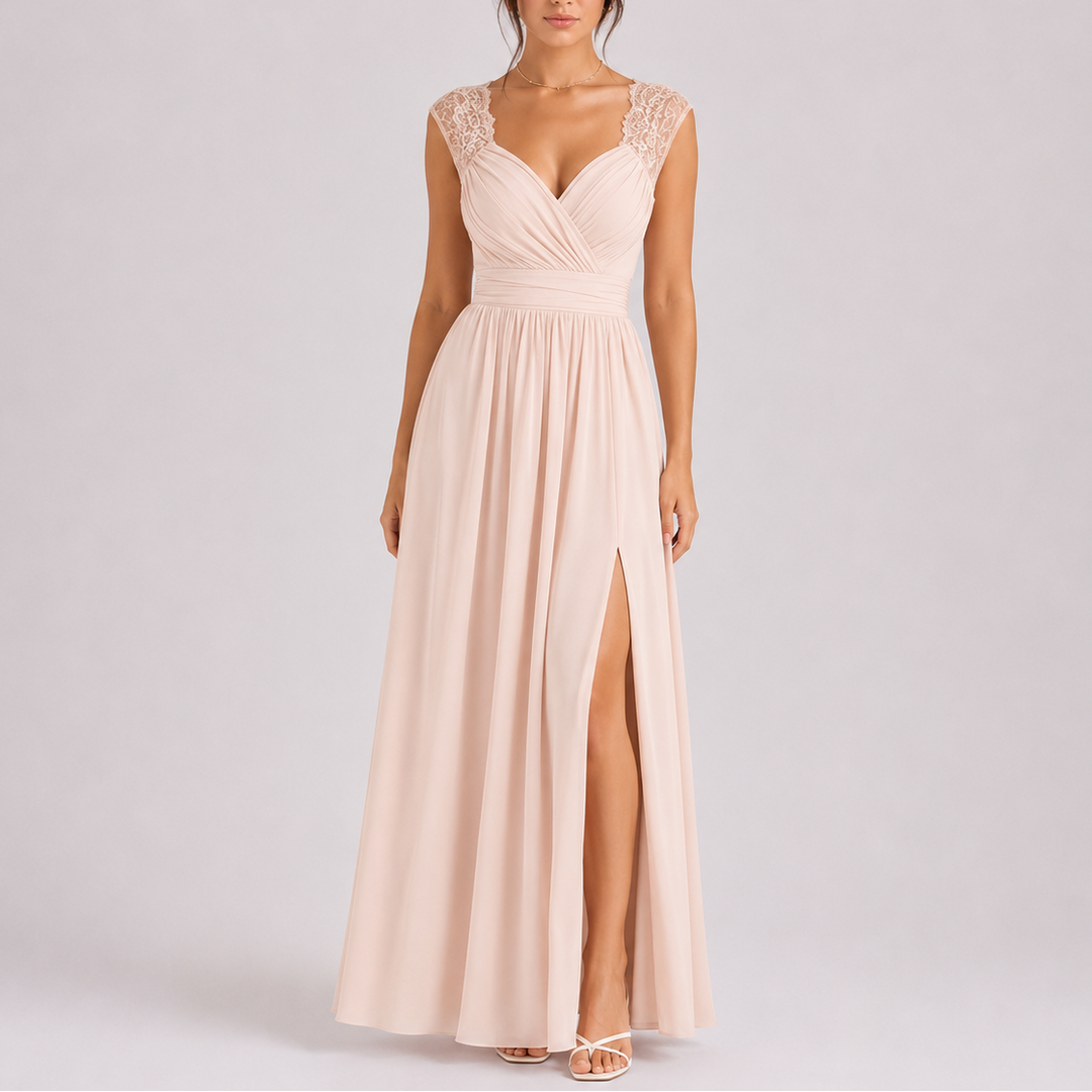 Sophisticated women's evening dress, a flowy maxi with unique styled shoulder & an alluring side slit.