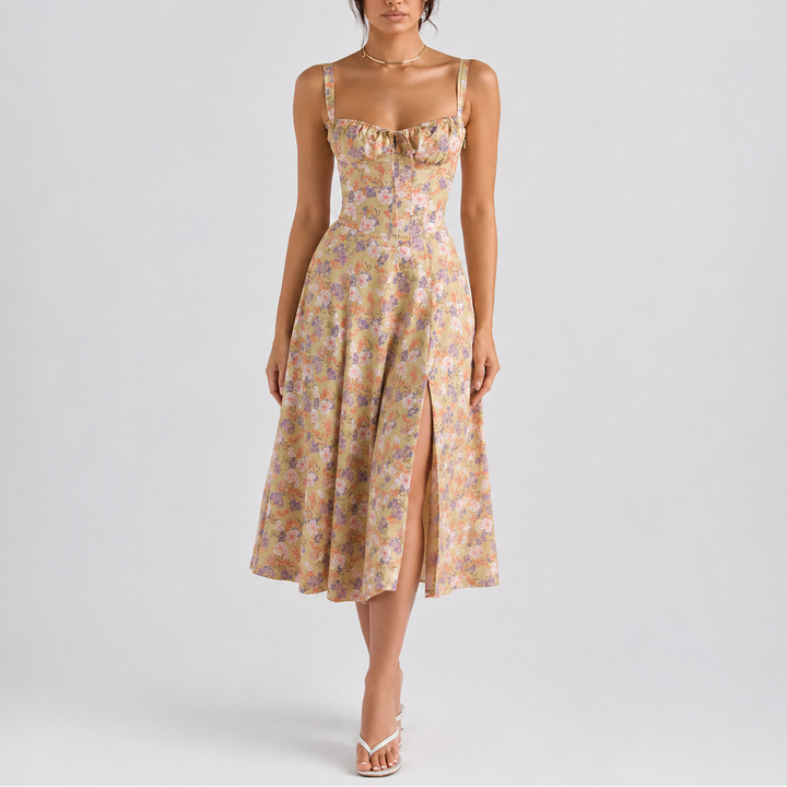 Stylish women's midi dress with ruched bust & corset detail, ideal for elegant parties & special occasions.