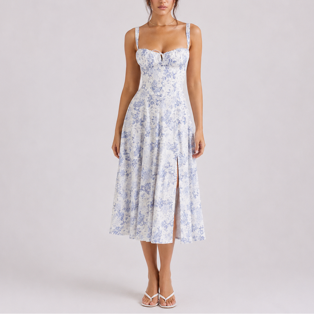 Formal women's evening wear: Ruched bust corset midi dress, perfect for cocktails and special events.