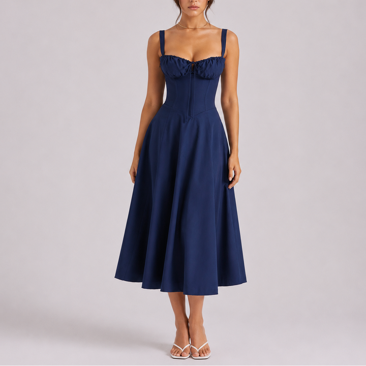 Elegant women's ruched bust corset midi dress. Perfect for parties, evenings, and formal special occasions.