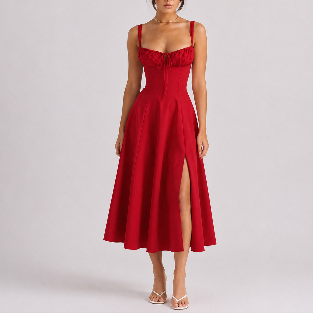 Women's formal midi dress with ruched bust & corset styling. Elegant evening wear, cocktail, or special occasion.