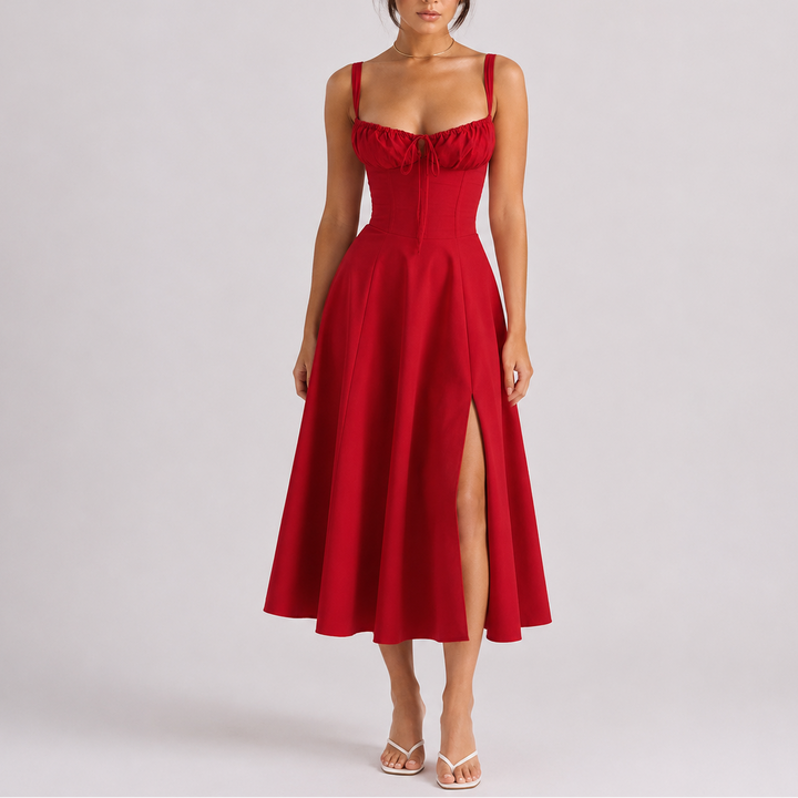 Women's formal midi dress with ruched bust & corset styling. Elegant evening wear, cocktail, or special occasion.