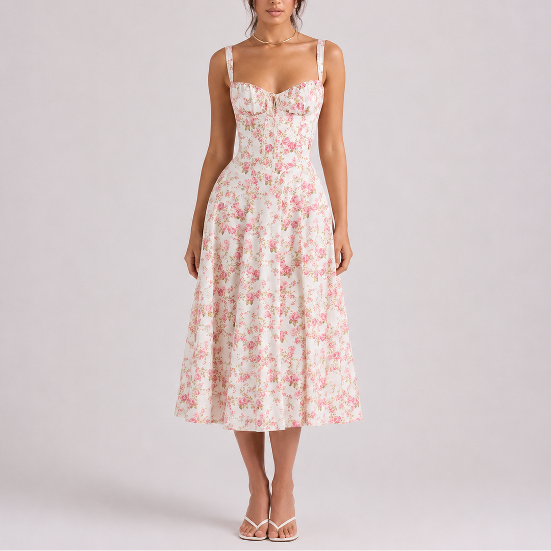 Chic women's ruched bust corset midi dress. Flattering design for elegant parties, formal events, & evening wear.