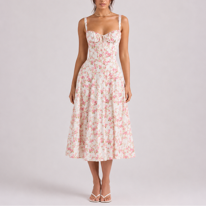 Chic women's ruched bust corset midi dress. Flattering design for elegant parties, formal events, & evening wear.