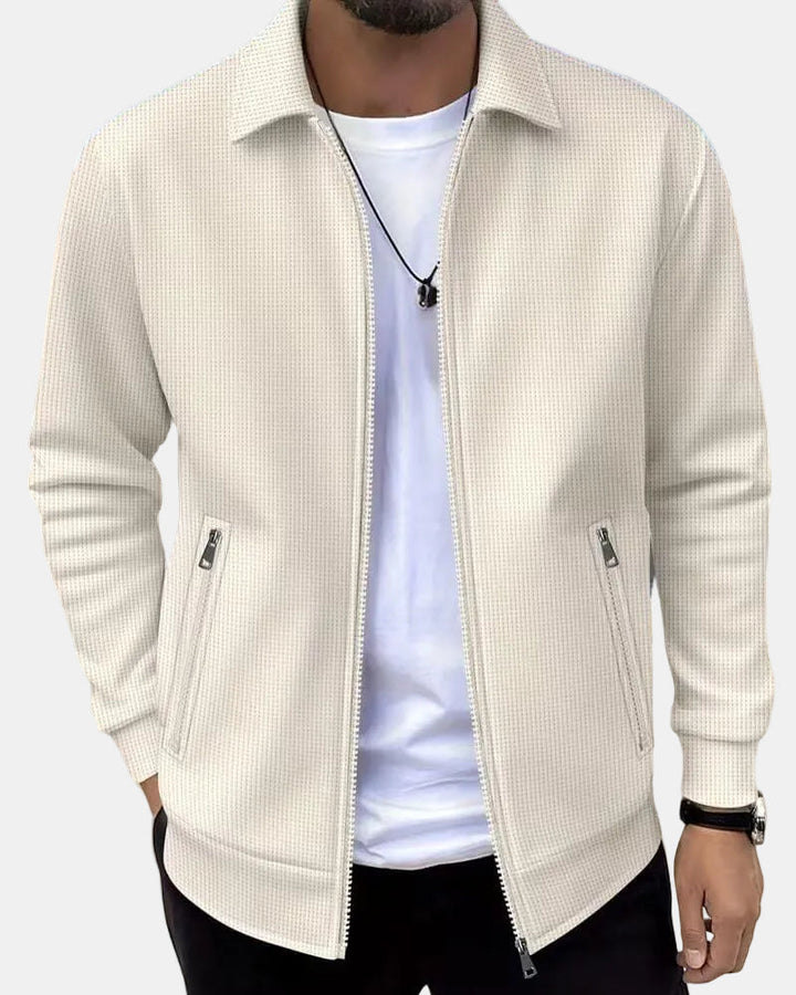 Men's classic textured athletic jacket, black, full zip, for sport & casual wear.