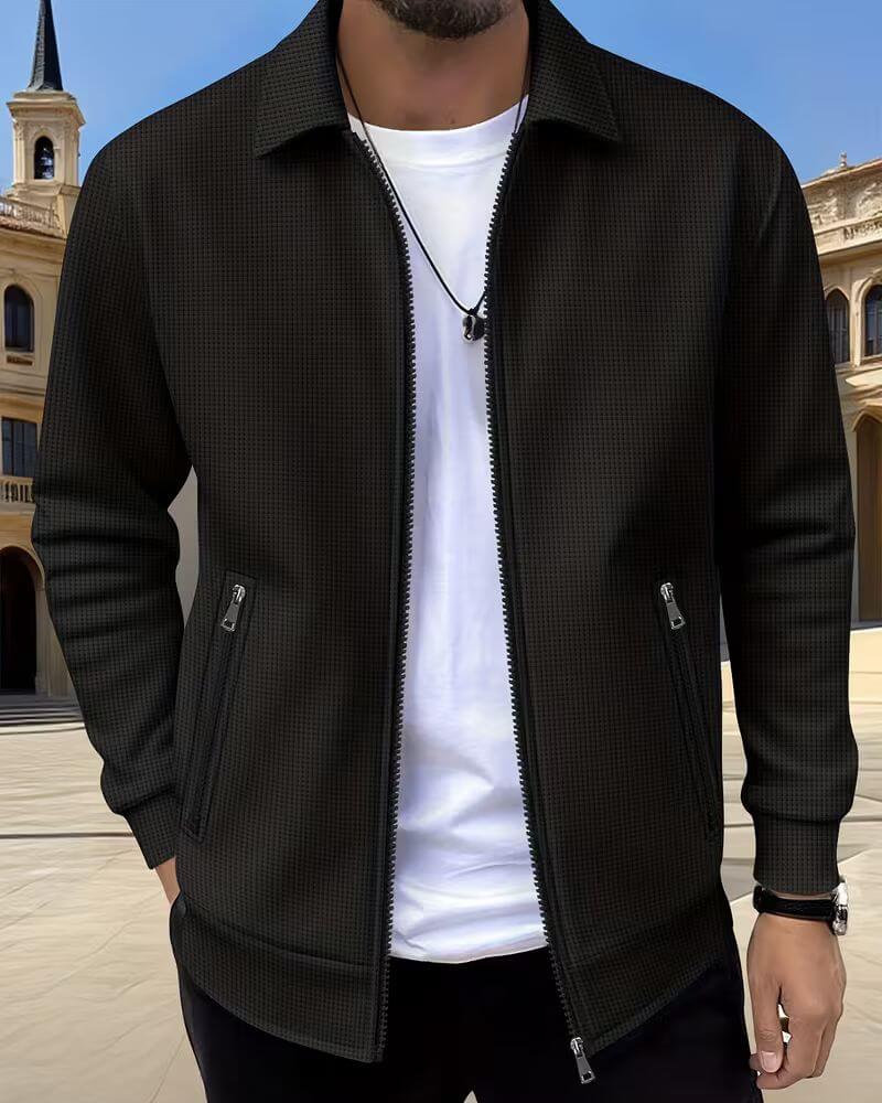 Man wearing lightweight men's textured athletic jacket, active lifestyle, versatile for everyday use.