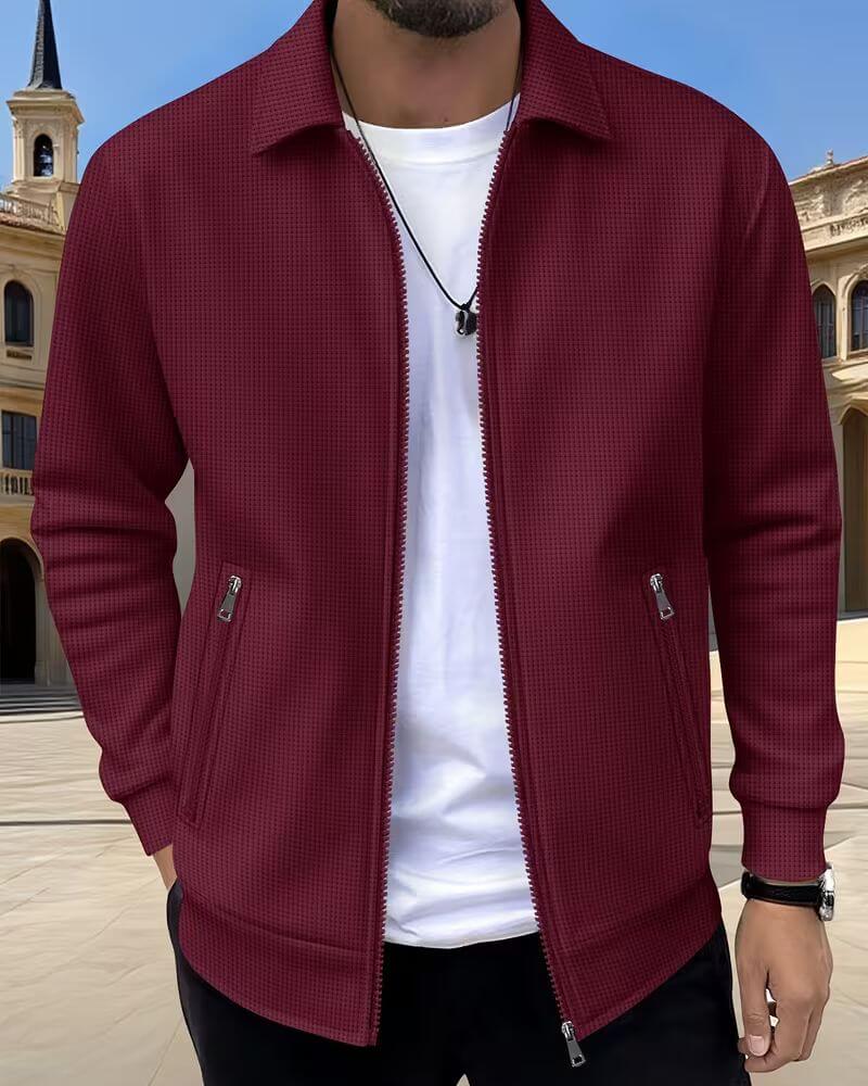 Classic men's textured athletic jacket, black, displayed flat, highlighting premium fabric & design.