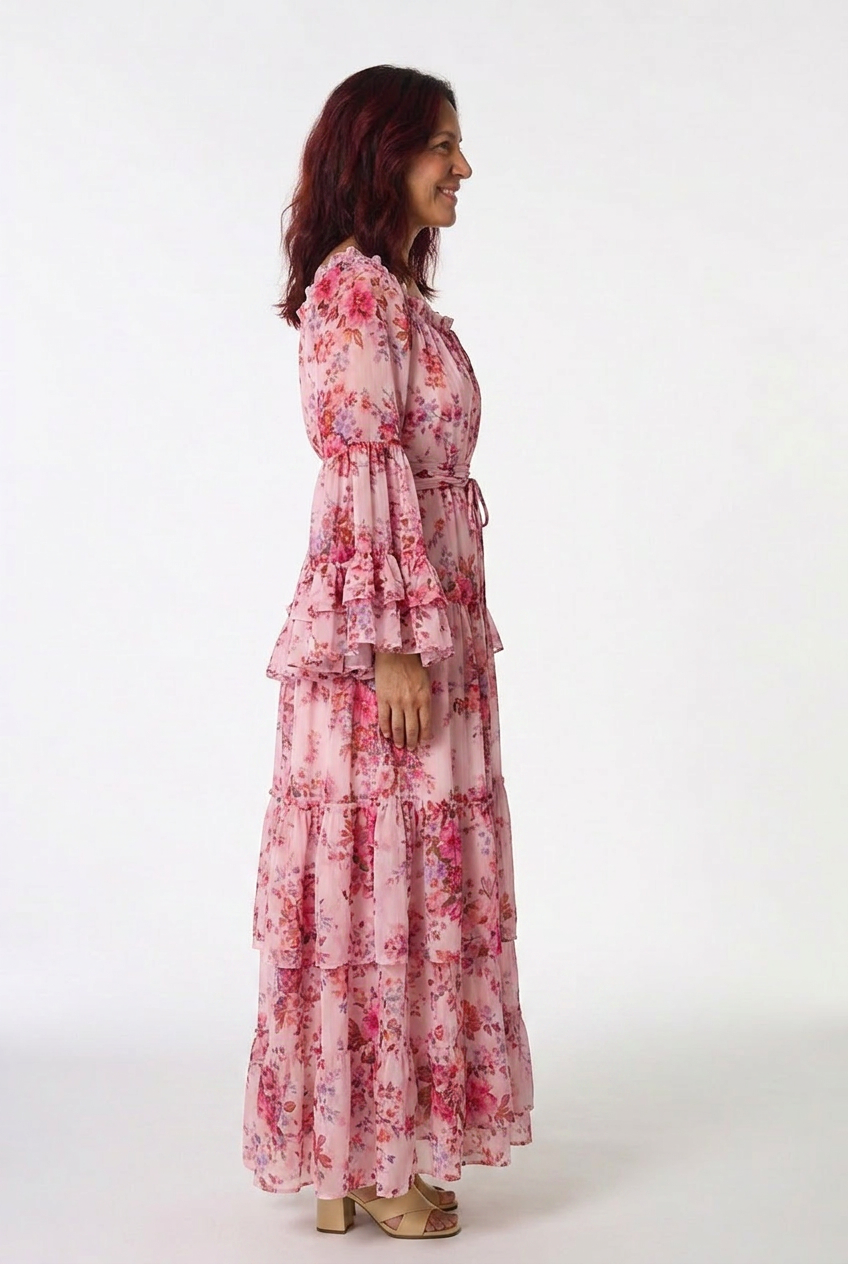 Elegant women's bohemian maxi dress, vibrant floral print, with chic ruffle bell sleeves & a flattering tie waist.