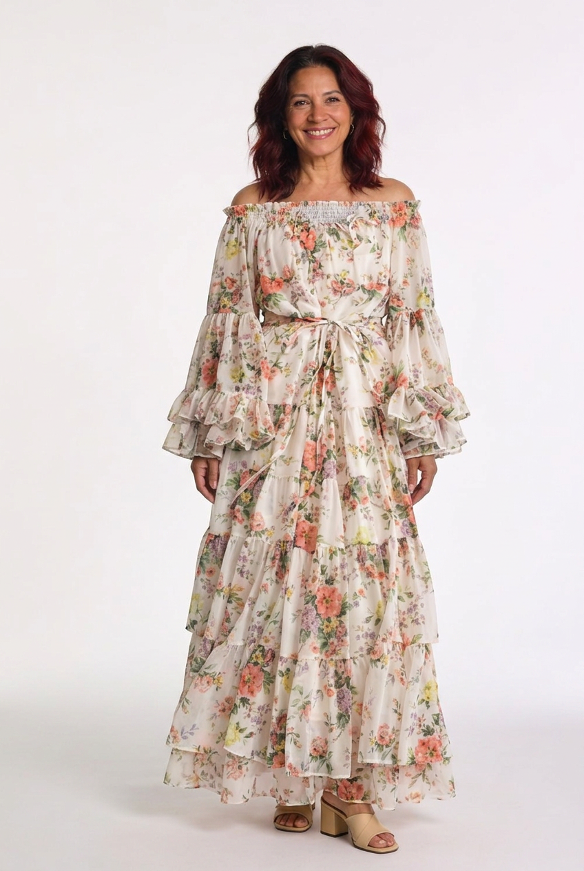 Versatile women's bohemian floral maxi dress with ruffle sleeves, perfect for vacation or casual elegant wear.