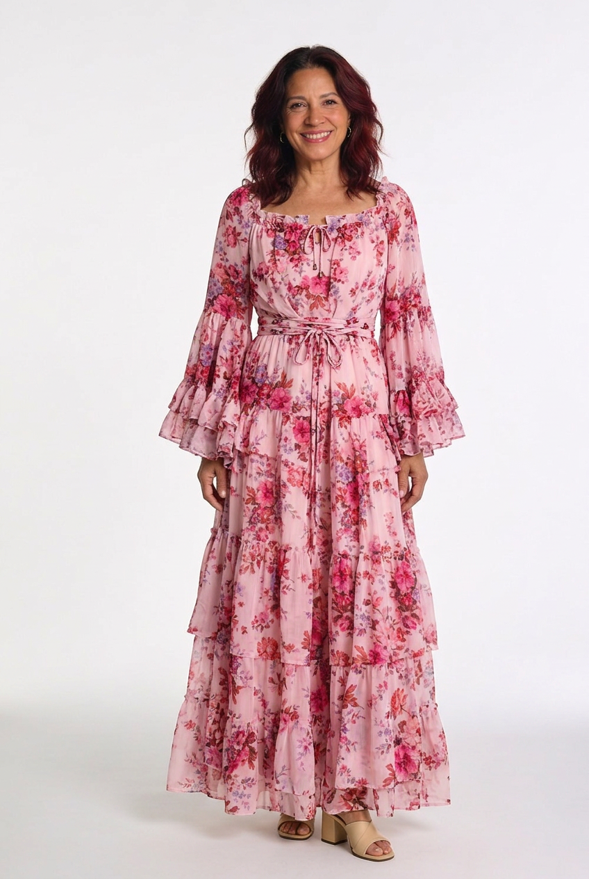 Women's Bohemian floral print maxi dress with elegant ruffle bell sleeves, perfect for summer vacation.