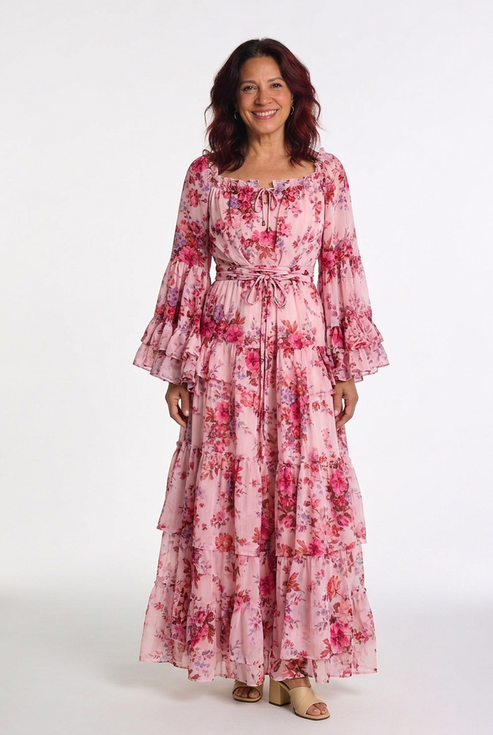 Women's Bohemian floral print maxi dress with elegant ruffle bell sleeves, perfect for summer vacation.