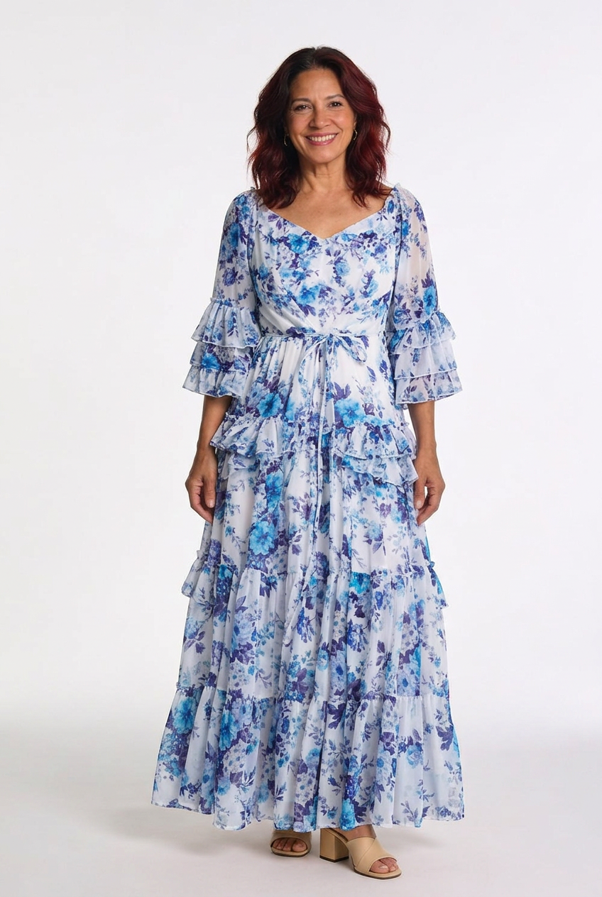 Lightweight women's summer bohemian maxi dress, floral print, with flowy ruffle sleeves, perfect for vacation.