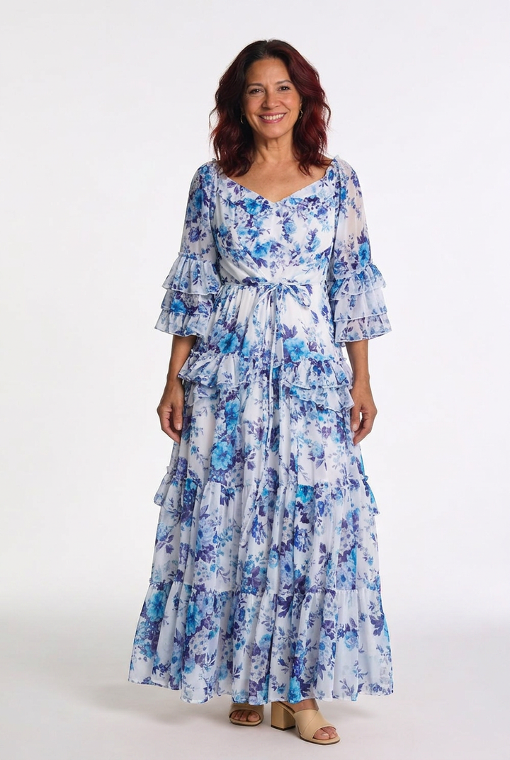 Lightweight women's summer bohemian maxi dress, floral print, with flowy ruffle sleeves, perfect for vacation.