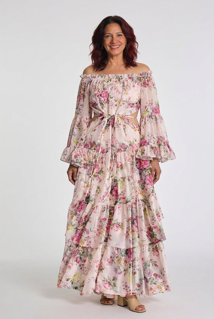Women's long bohemian floral print dress, featuring stylish ruffle sleeves & a cinching tie waist for a flattering fit.