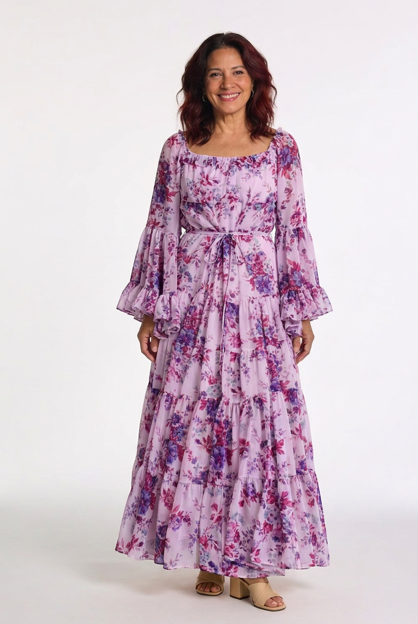 Woman wearing a beautiful bohemian floral maxi dress with ruffle sleeves, enjoying a casual elegant summer day.