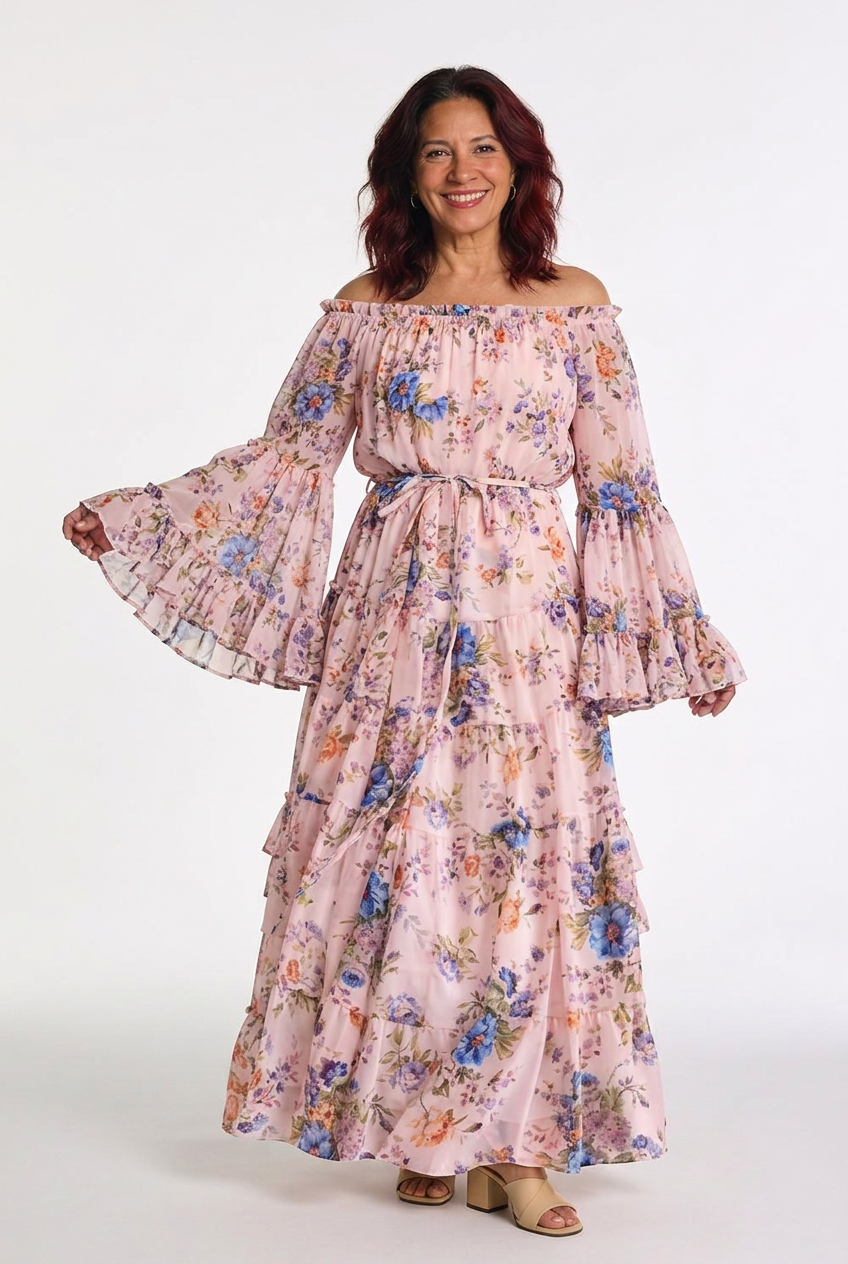 Vibrant floral print women's maxi dress, bohemian style, with delicate ruffle bell sleeves & a relaxed flowy fit.