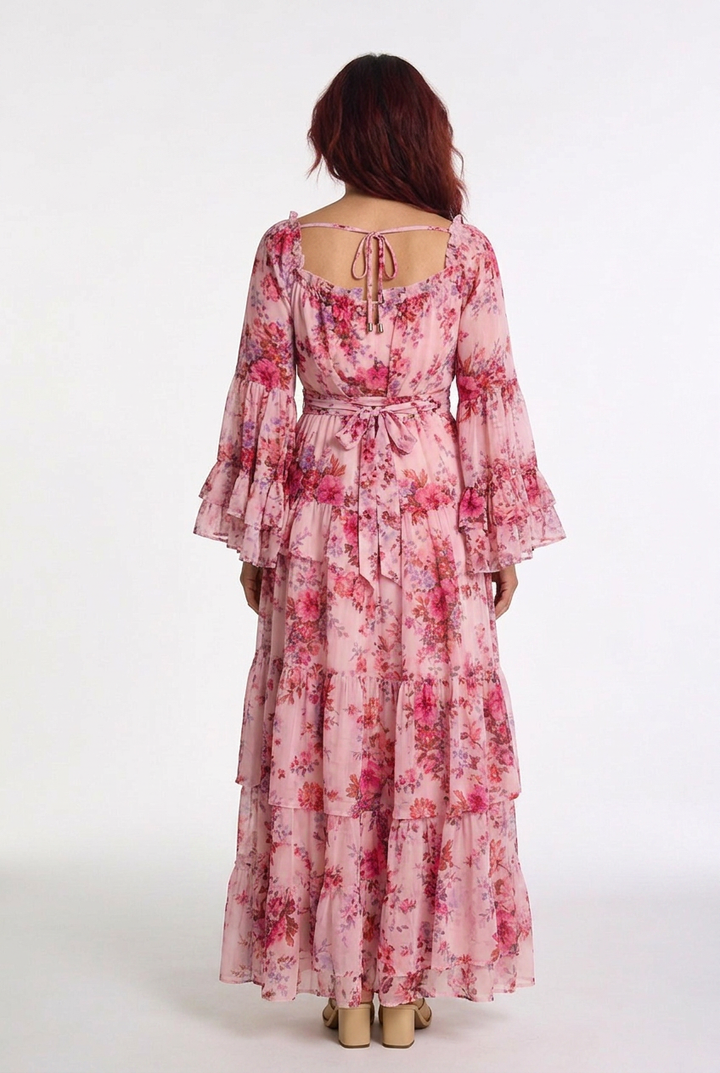 Long bohemian floral print maxi dress for women, with charming ruffle sleeves & a comfortable flowy design.