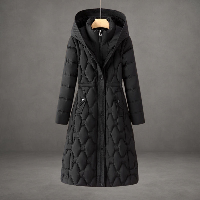 Stylish women's quilted puffer coat, a warm maxi jacket with hood for elegant winter outerwear.