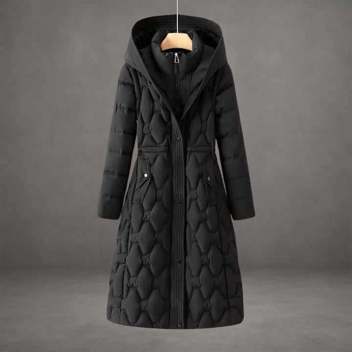 Stylish women's quilted puffer coat, a warm maxi jacket with hood for elegant winter outerwear.