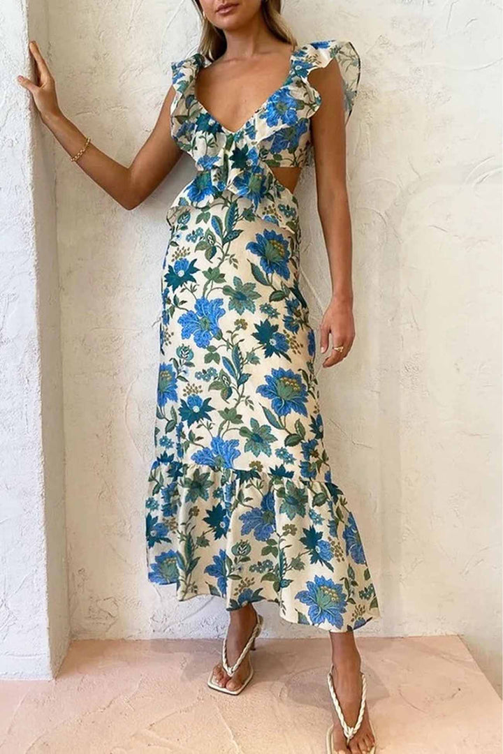 Vibrant floral ruffle maxi dress for women, featuring a flattering V-neckline and chic short sleeves.