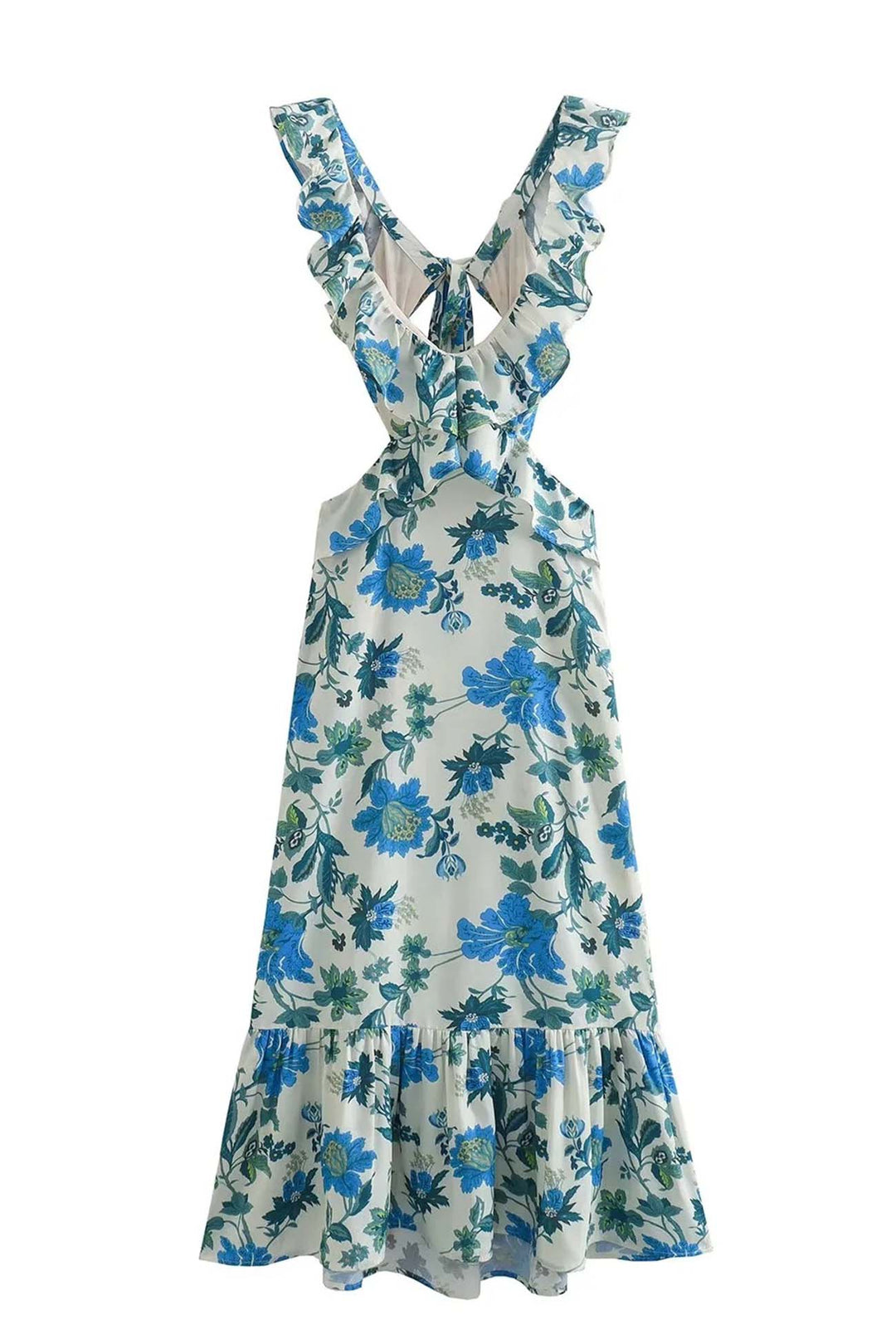 Women's enchanting floral pattern maxi dress with stylish ruffles, V-neck, and comfortable short sleeves.