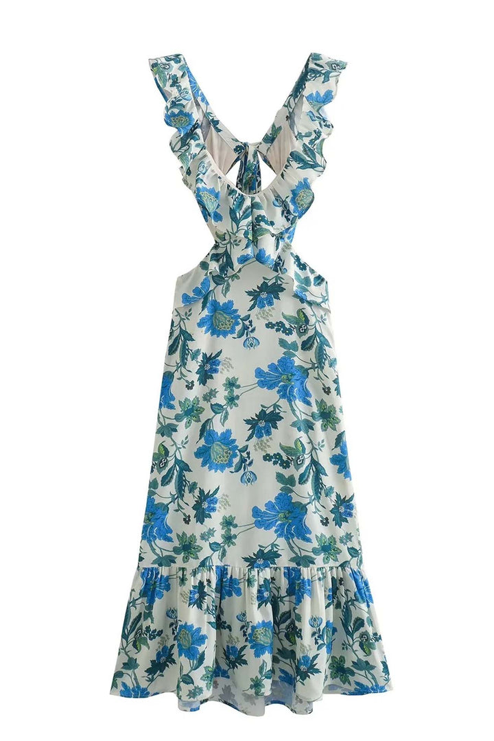 Women's enchanting floral pattern maxi dress with stylish ruffles, V-neck, and comfortable short sleeves.