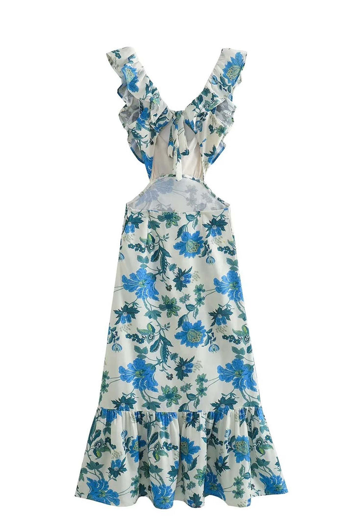 Women's elegant floral ruffle maxi dress, perfect holiday or summer casual wear, V-neck, short sleeves.