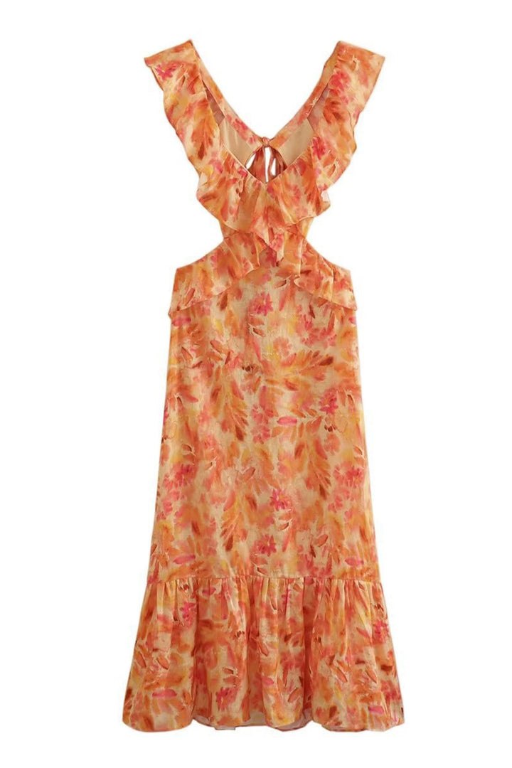 Beautiful women's floral maxi dress with delicate ruffles, a flattering V-neck, and comfortable short sleeves.