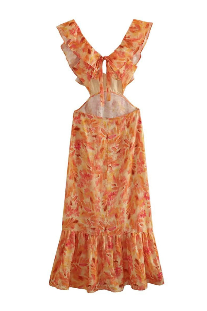 Enchanting Women's Floral Ruffle Maxi Dress, a stylish holiday outfit with V-neck and short sleeves.