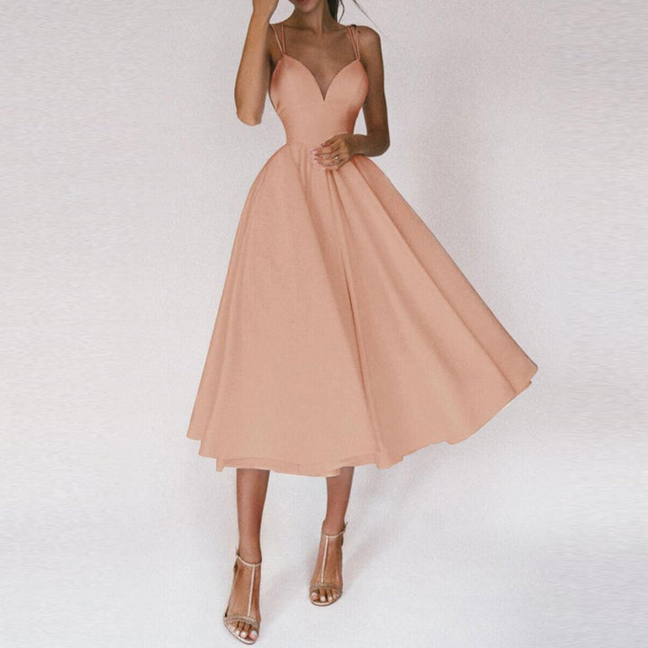 Stylish women's elegant midi dress with a flattering structured bodice and a beautiful flared A-line skirt for events.