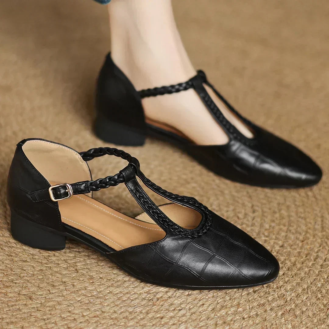 Black T-strap leather Mary Jane flats, women's vintage comfort low heel shoes, perfect for everyday style.