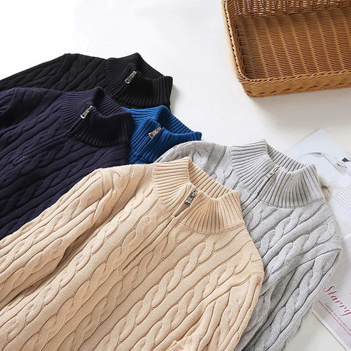 Warm men's cable knit quarter-zip sweater, a versatile addition for sophisticated autumn and winter layering.