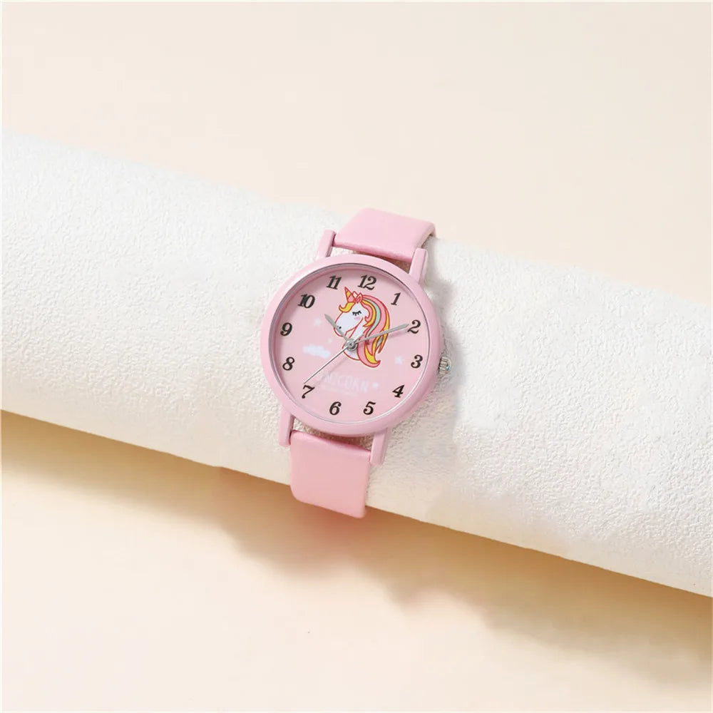 Magical unicorn children's watch, easy to read, with a comfortable pink PU leather strap.