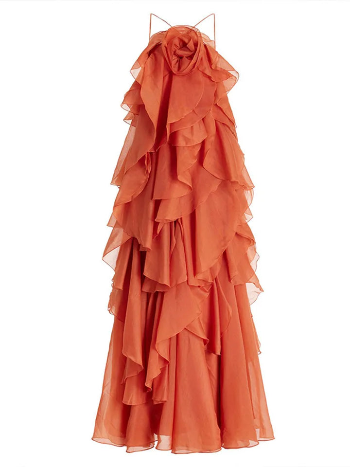 Graceful women's floral layered ruffle maxi dress, flowing for summer occasions.