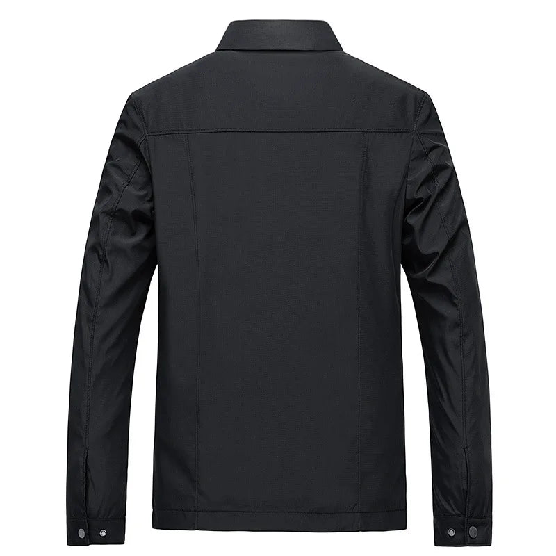 Fashionable men's transitional outerwear, a zip-up casual jacket with point collar & plaid lining.