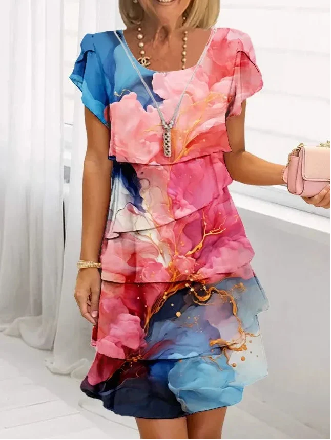 Chic women's elegant floral ruffle A-line dress, combining comfort & style for summer casual or special occasions.