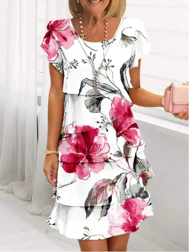 Elegant women's comfort ruffle A-line dress with floral print, perfect for summer fashion and versatile occasion wear.