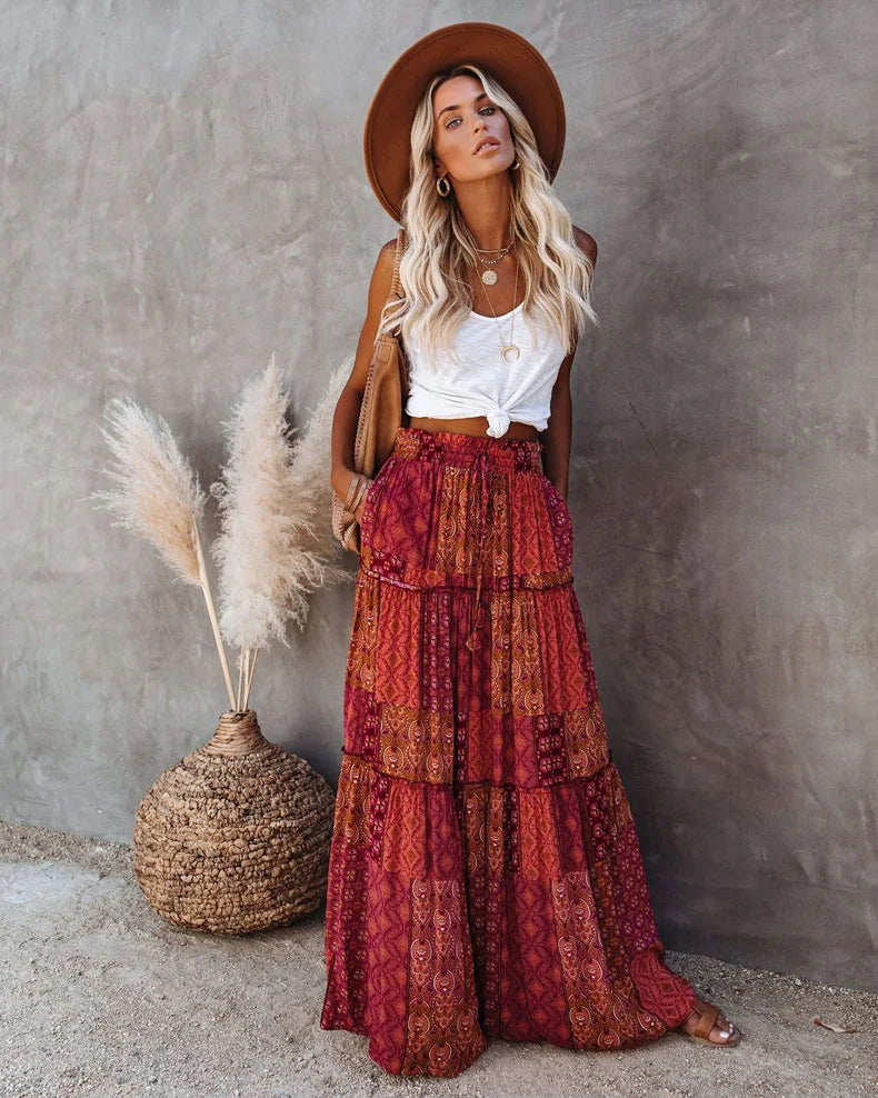 Summer ready high-waisted floral maxi skirt, elegant A-line cut for women.