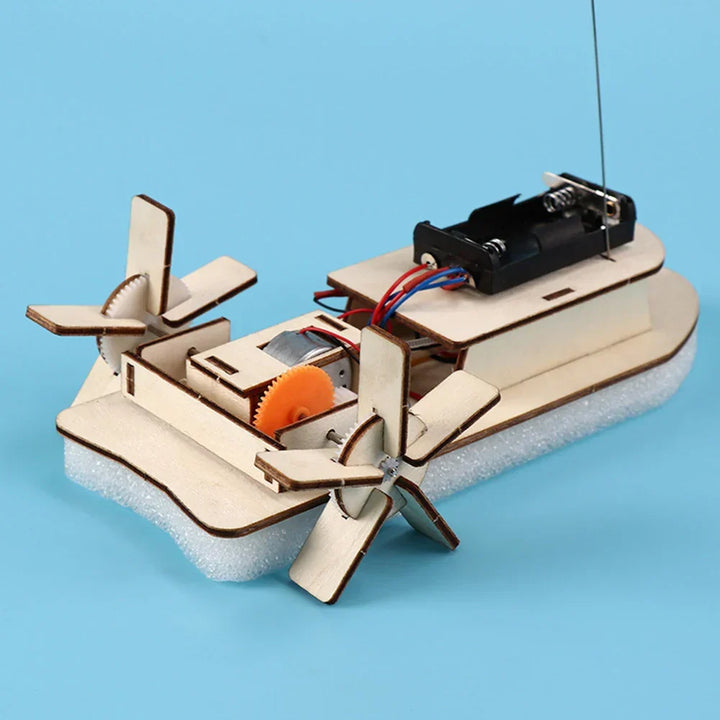 Hands-on craft activity: assemble a wooden electric toy boat from this educational kit for kids.