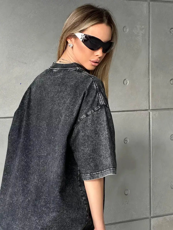 Comfortable women's relaxed fit oversized crewneck t-shirt with a stylish vintage wash.