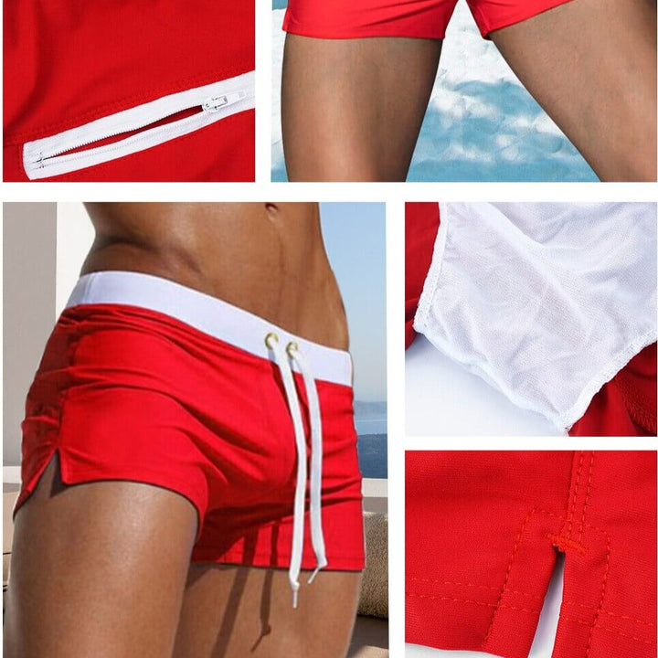 Grey modern men's swim shorts, comfort waistband & quick-dry fabric, great for resort wear.