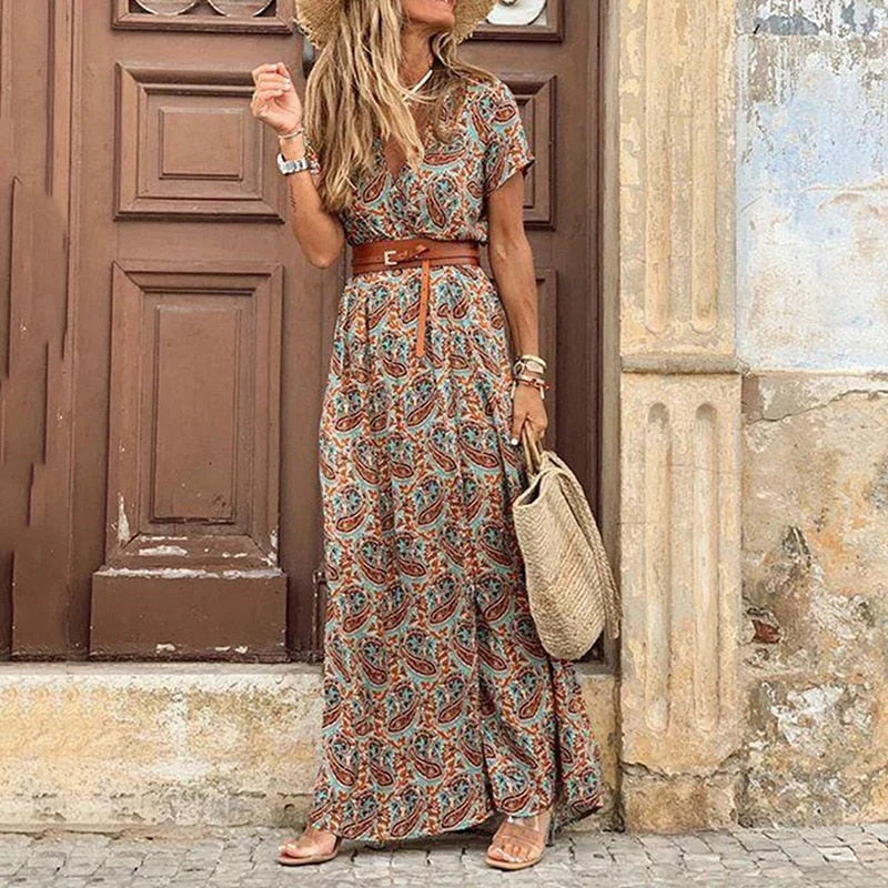 Stylish long boho dress for women, perfect for summer fashion, beachwear, and vacation style.