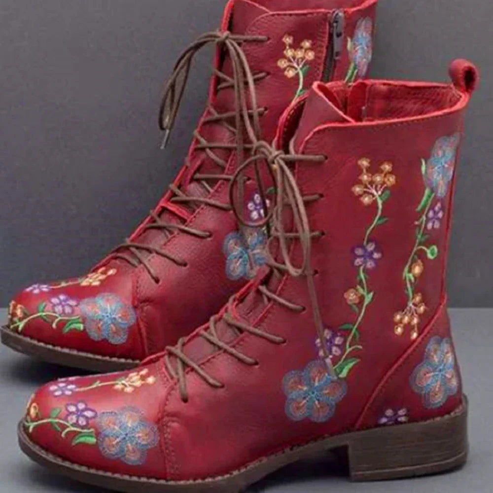Elegant women's retro ankle boots with intricate embroidery, pointed toe, comfortable for casual winter wear.